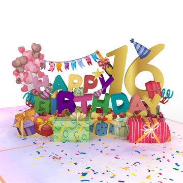 16th Happy Birthday With Presents And Balloons Pop-Up Card